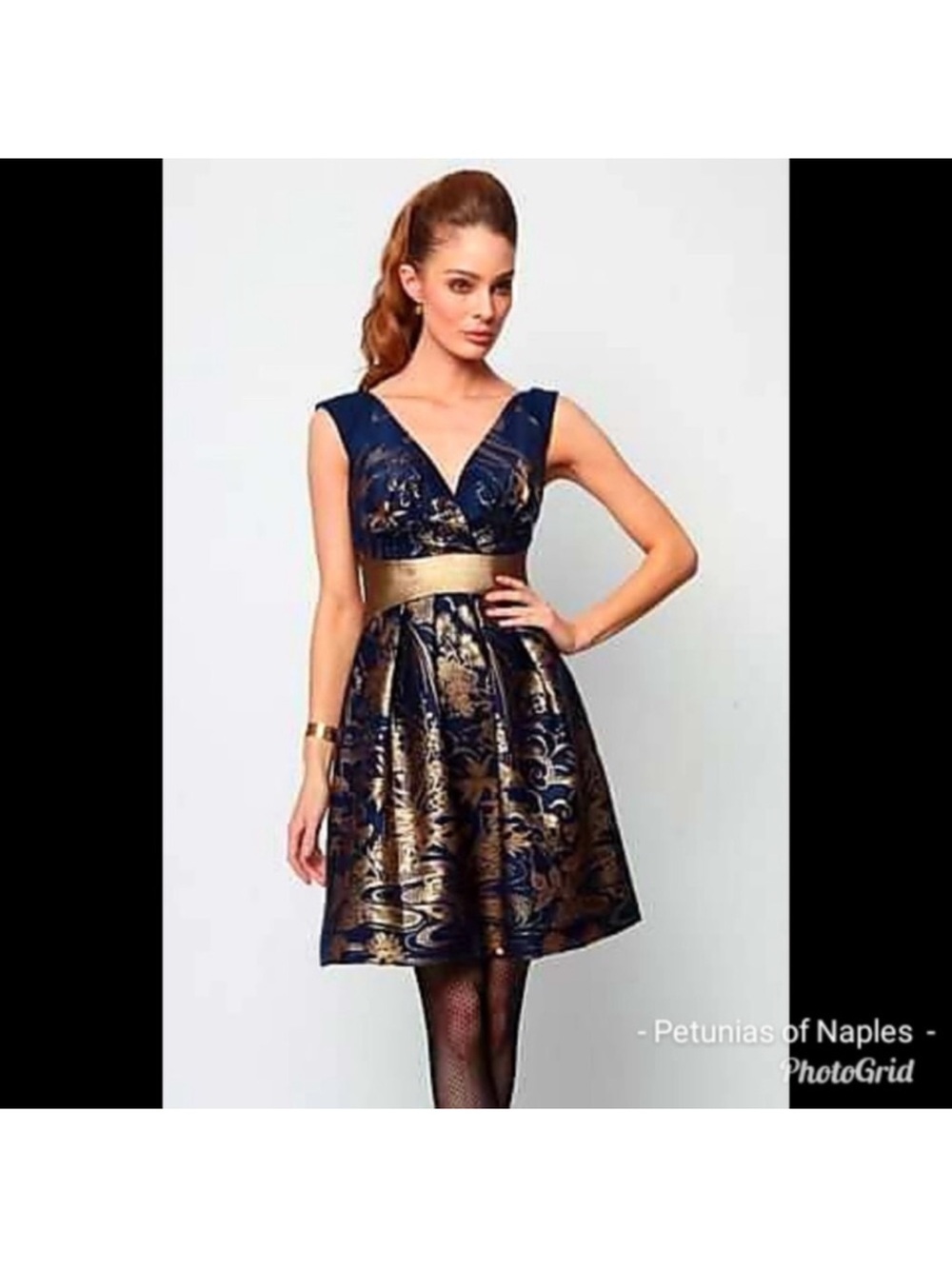Eva franco size 0 Navy & Gold V-Neck Fit-and-Flare Dress with Metallic Waist